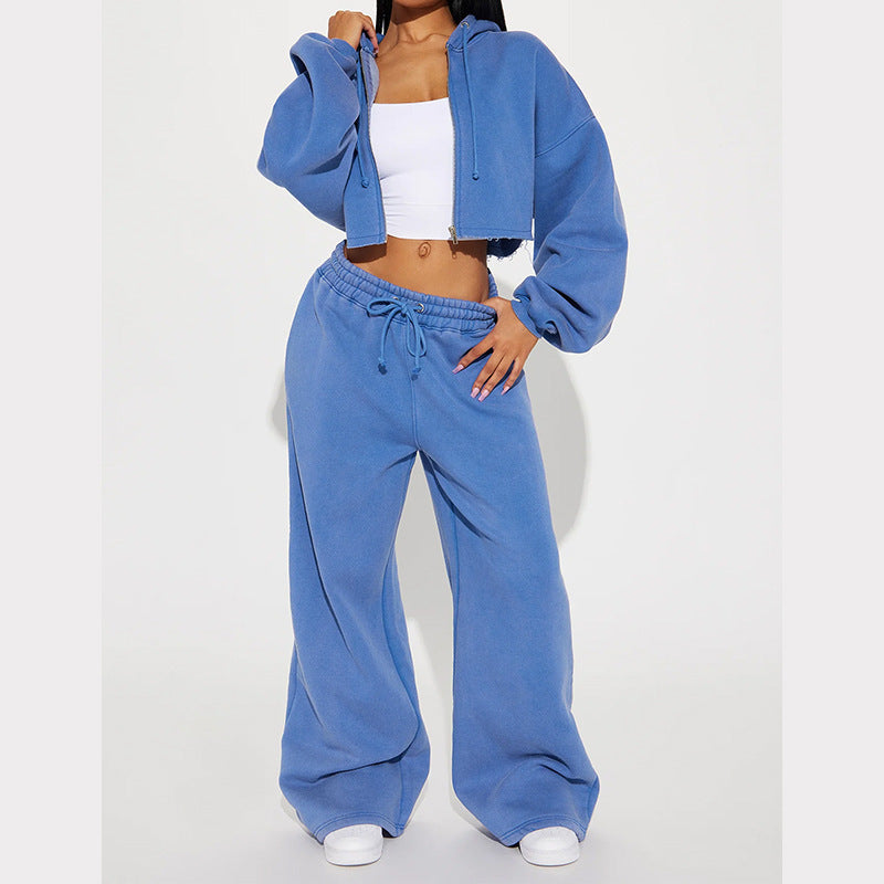 Cozy Zip-Up Hoodie & Wide-Leg Sweatpants Set – Streetwear Chic