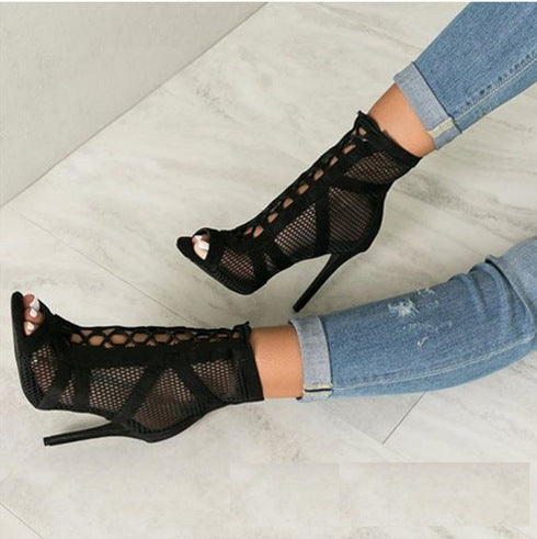 Lace-Up Mesh Stiletto Booties – Sensual Elegance with a Bold Edge!