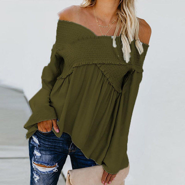 Women Sexy Off Shoulder Shirts Irregular Hem Blouse Shir