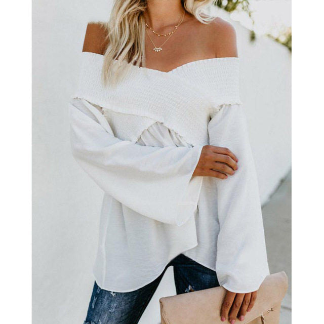 Women Sexy Off Shoulder Shirts Irregular Hem Blouse Shir