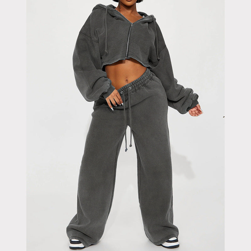 Cozy Zip-Up Hoodie & Wide-Leg Sweatpants Set – Streetwear Chic