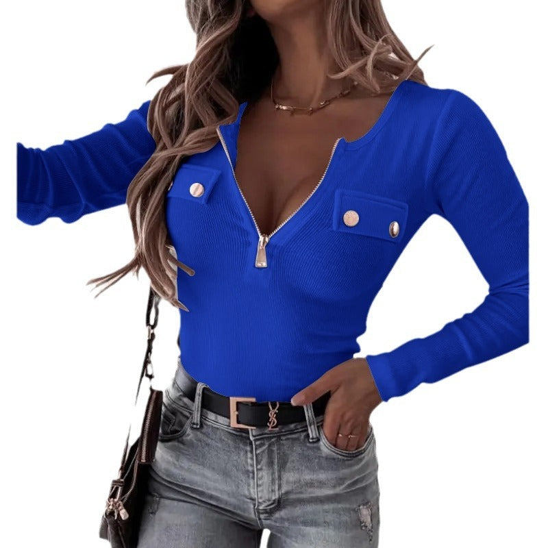 Women’s Zipper Front Ribbed Top – Chic & Versatile