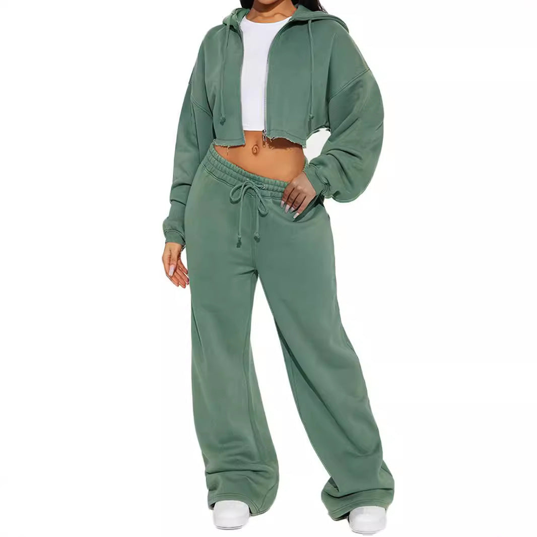 Cozy Zip-Up Hoodie & Wide-Leg Sweatpants Set – Streetwear Chic