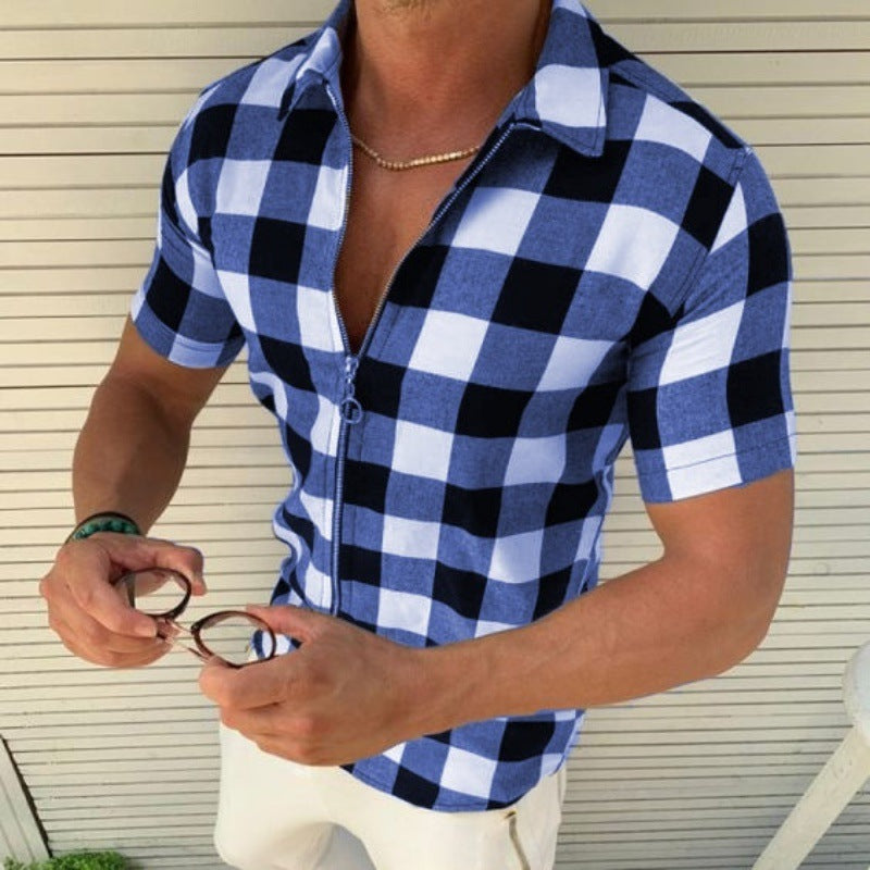 Men's Short-Sleeve Checkered Shirt with Zipper – Confident Style for the Modern Man!