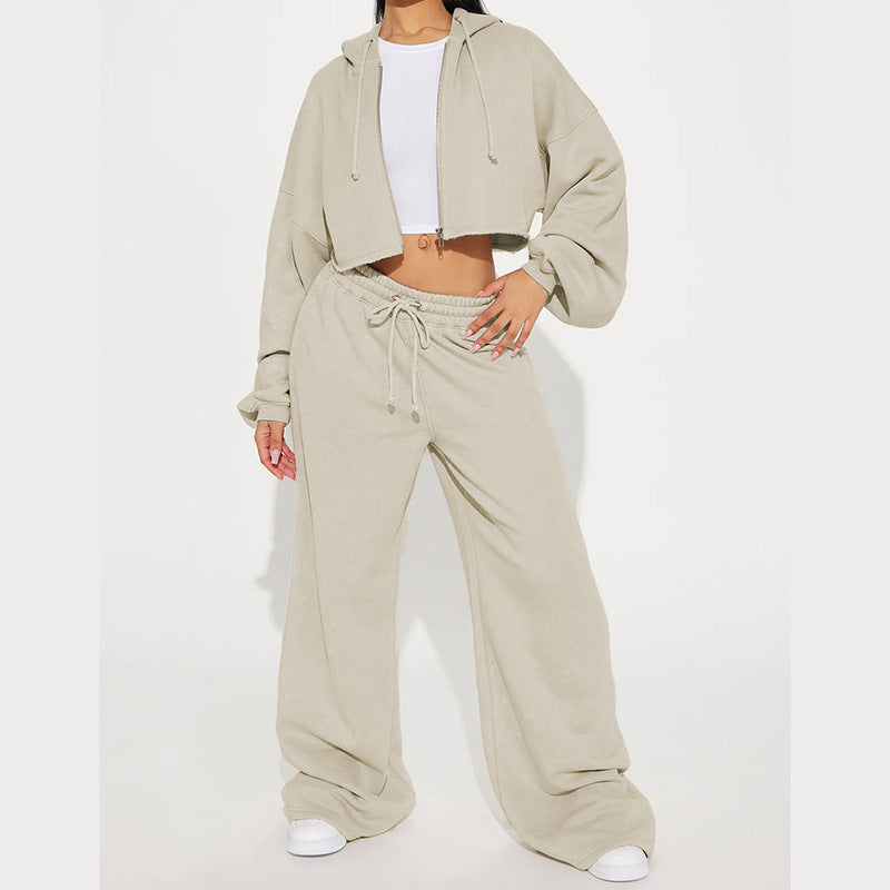 Cozy Zip-Up Hoodie & Wide-Leg Sweatpants Set – Streetwear Chic