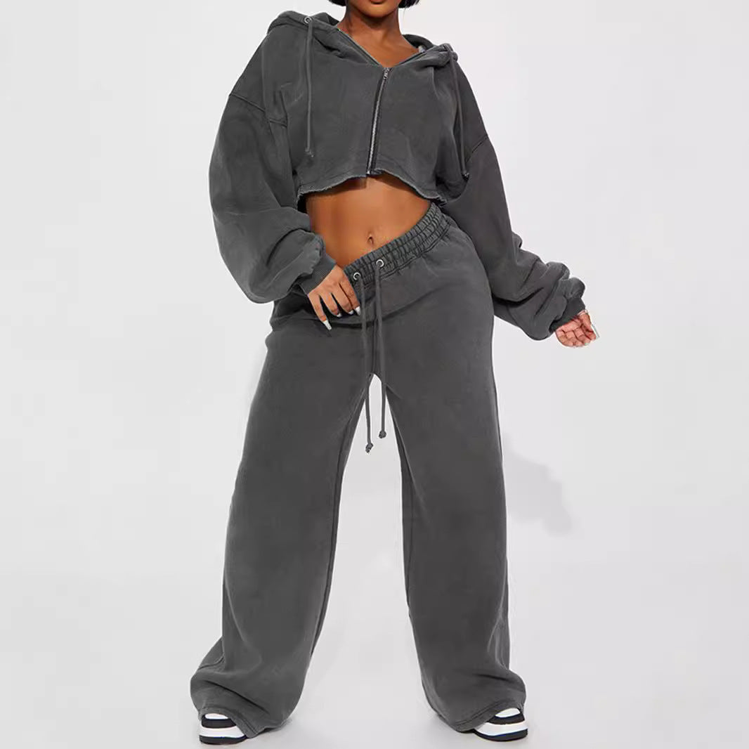 Cozy Zip-Up Hoodie & Wide-Leg Sweatpants Set – Streetwear Chic