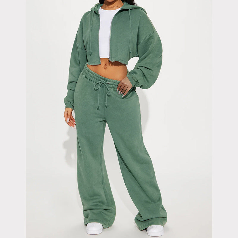 Cozy Zip-Up Hoodie & Wide-Leg Sweatpants Set – Streetwear Chic