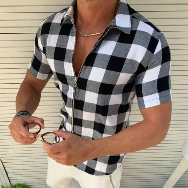 Men's Short-Sleeve Checkered Shirt with Zipper – Confident Style for the Modern Man!